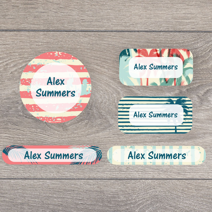 Tropical surf iron on name labels perfect for labelling your child's clothes or uniform for school or nursery