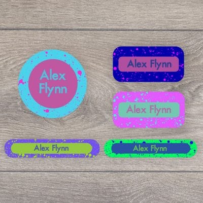 Splatter iron on name labels perfect for labelling your child's clothes or uniform for school or nursery