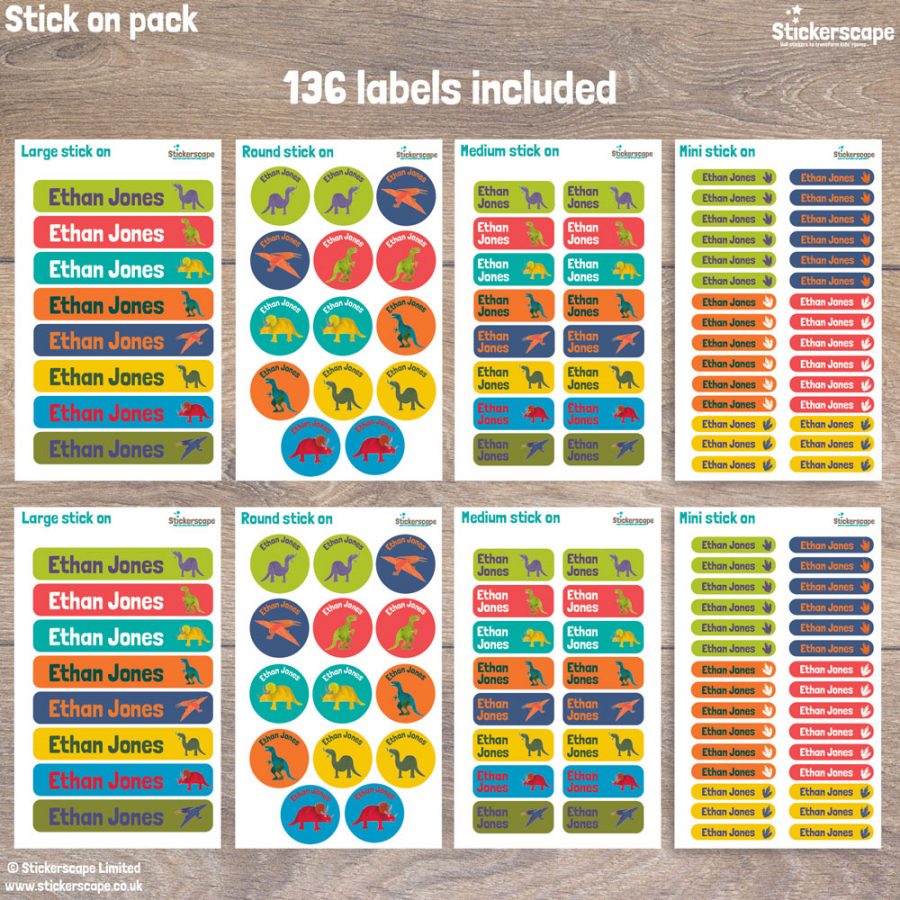 Dinosaur stick on name labels pack layout