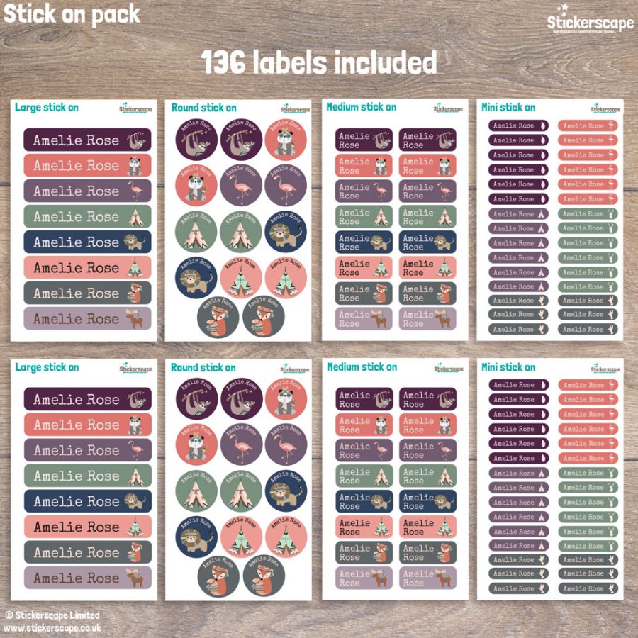 Animal tribe stick on name labels pack layout