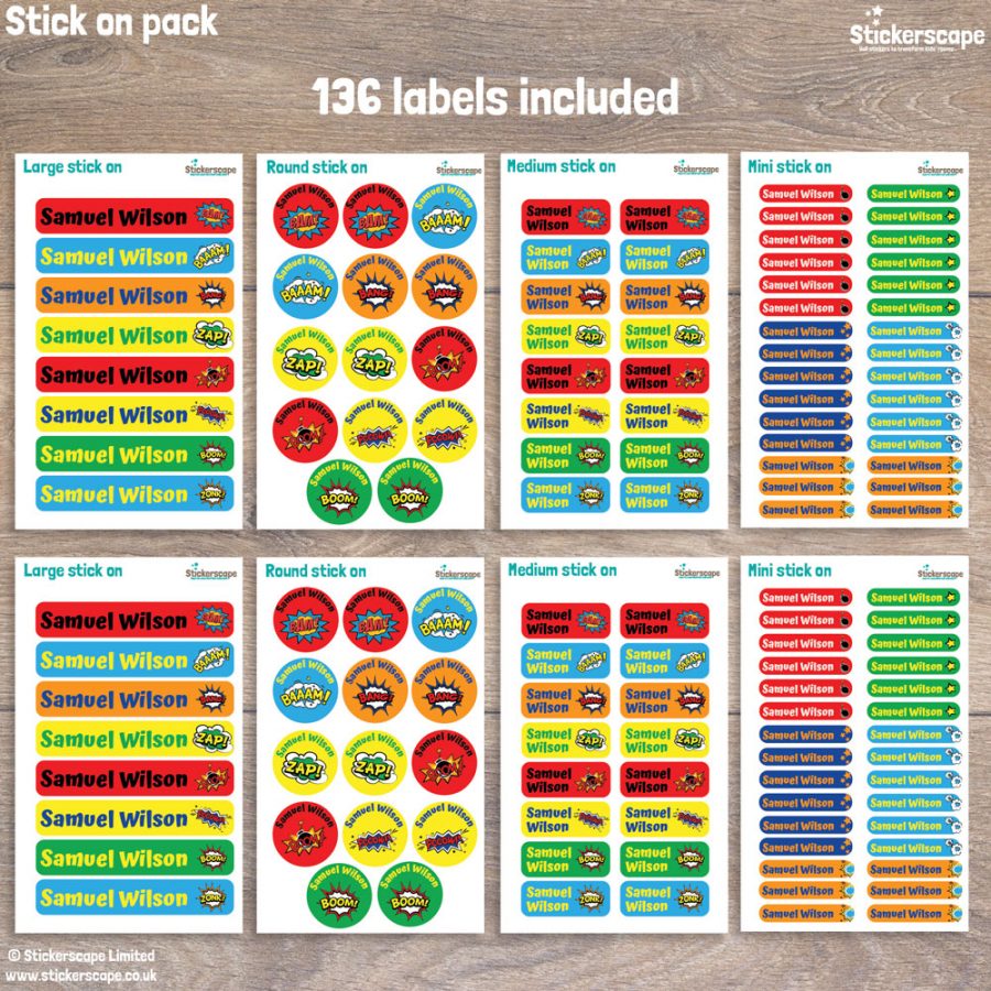 Comic book stick on name labels pack layout