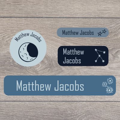 Space doodles (Blue) stick on name labels perfect for labelling your child's lunch boxes, water bottles, shoes and much more!