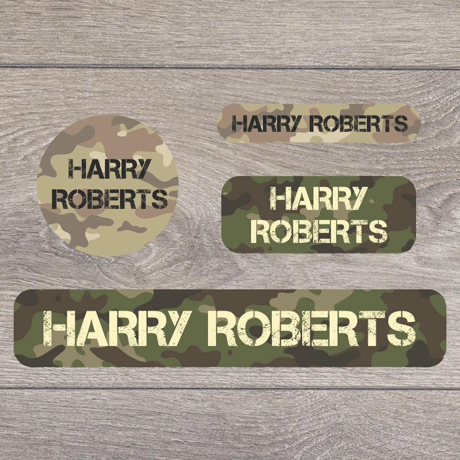 Camouflage stick on name labels perfect for labelling your child's lunch boxes, water bottles, shoes and much more!