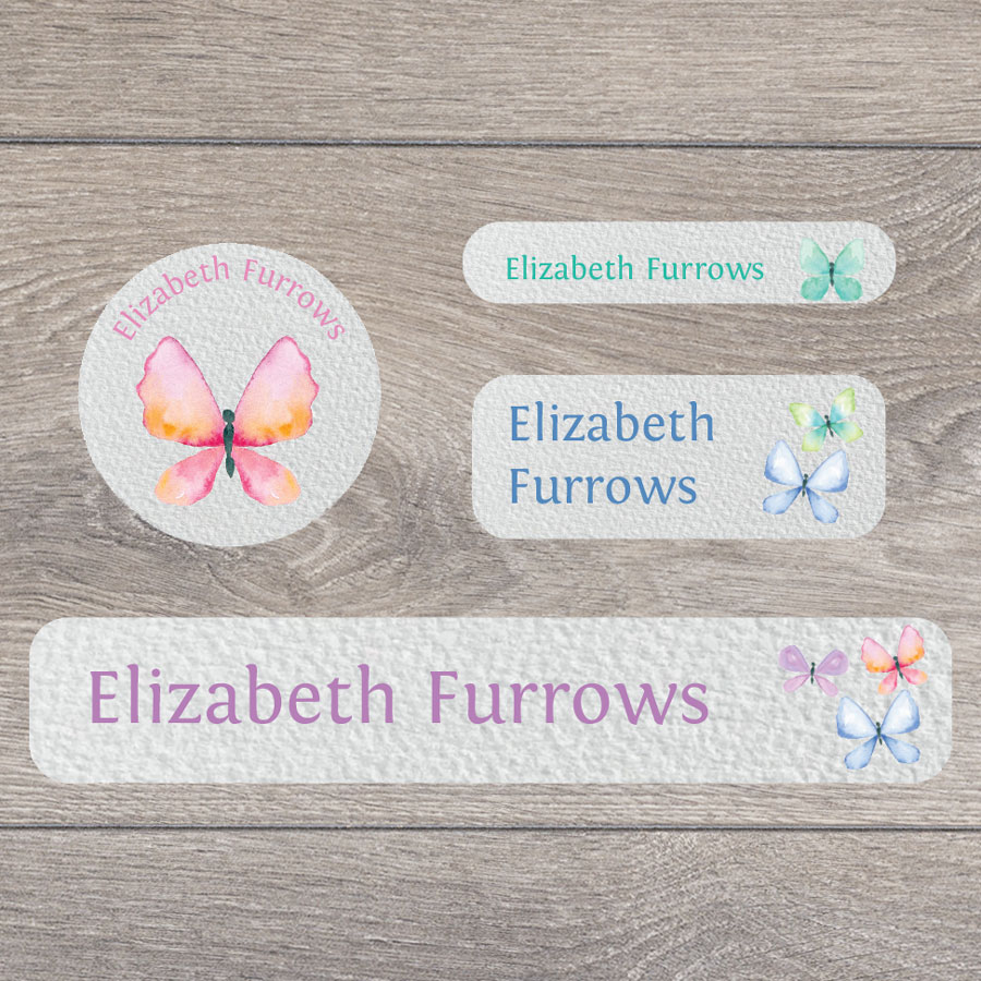 Butterfly stick on name labels perfect for labelling your child's lunch boxes, water bottles, shoes and much more!