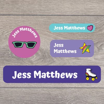 Retro doodles stick on name labels perfect for labelling your child's lunch boxes, water bottles, shoes and much more!