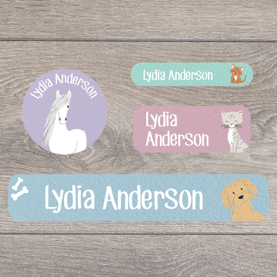 Pets stick on name labels perfect for labelling your child's lunch boxes, water bottles, shoes and much more!