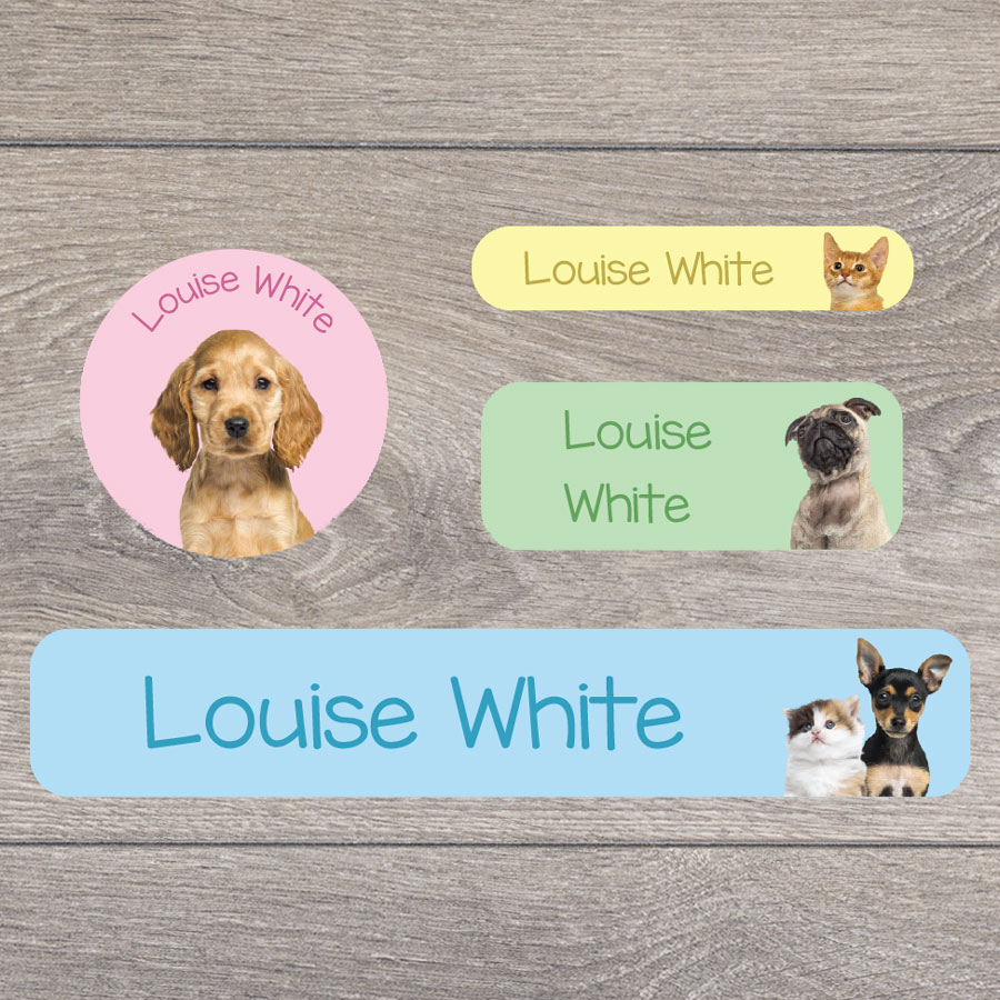 Puppies and kittens stick on name labels perfect for labelling your child's lunch boxes, water bottles, shoes and much more!