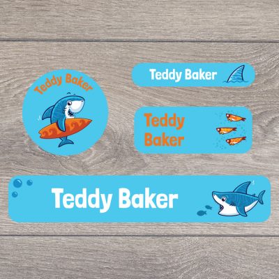 Little shark stick on name labels perfect for labelling your child's lunch boxes, water bottles, shoes and much more!