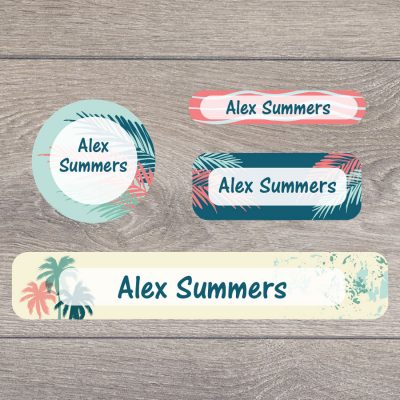 Tropical surf stick on name labels perfect for labelling your child's lunch boxes, water bottles, shoes and much more!