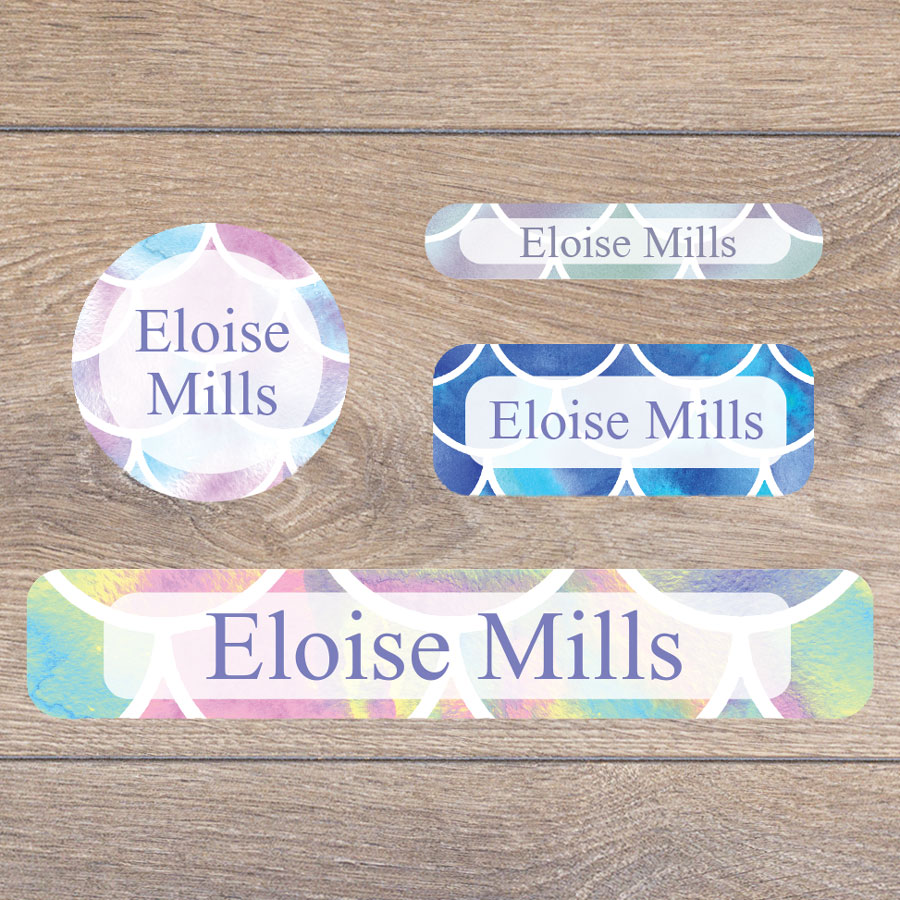 Mermaid scales stick on name labels perfect for labelling your child's lunch boxes, water bottles, shoes and much more!