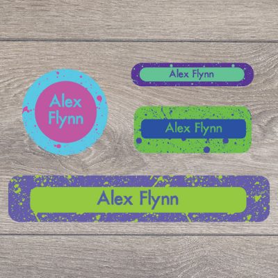 Splatter stick on name labels perfect for labelling your child's lunch boxes, water bottles, shoes and much more!