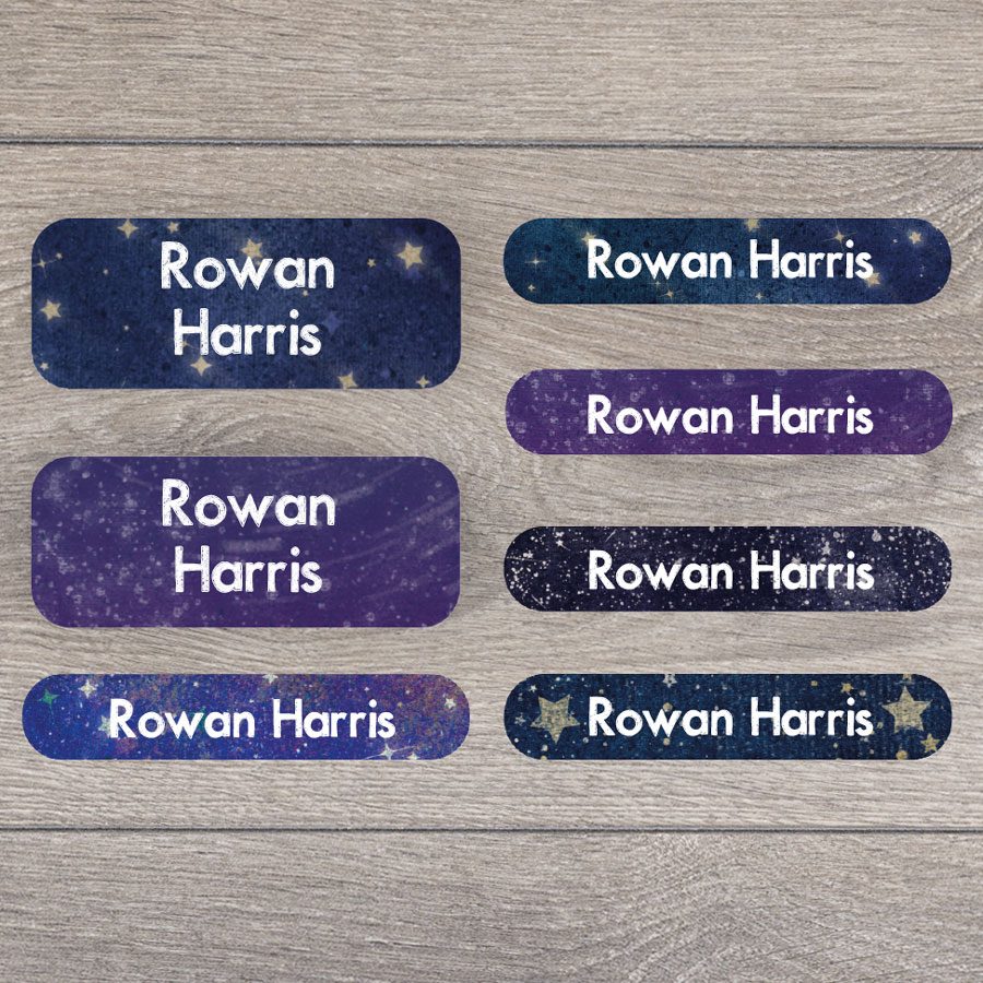 Night sky themed kids name labels with stick and iron on labels
