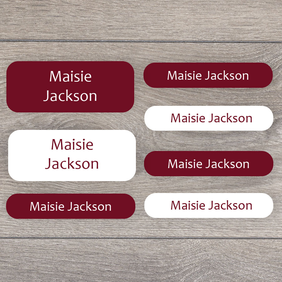 Essentials name labels (Burgundy) perfect for labelling your childs lunchbox, bottles, clothes ready for nursery or school
