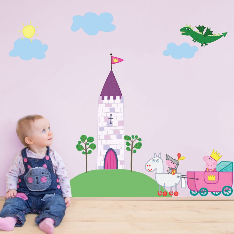 Princess Peppa Pig Wall Sticker with a baby on a pink wall