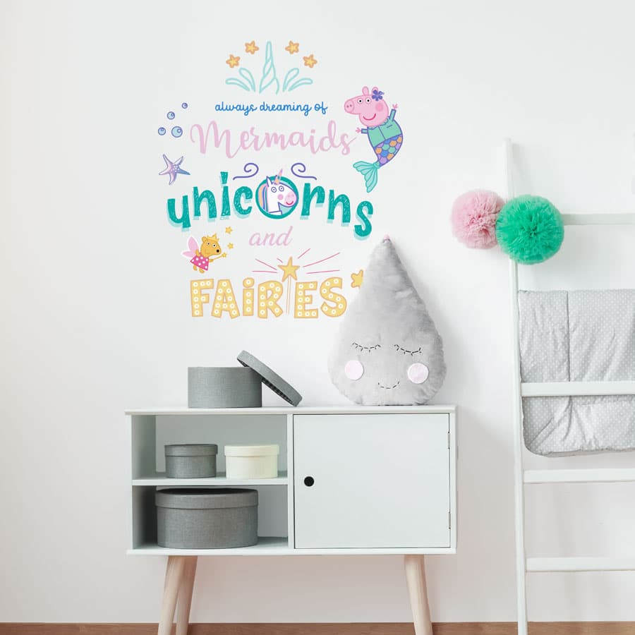 Dreaming of mermaids, unicorns and fairies wall sticker featuring Peppa Pig is a great way to add a mermaid and Peppa Pig theme to your childs room