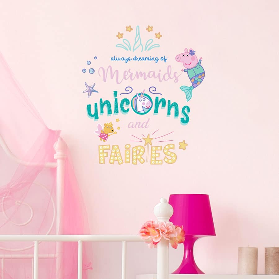 Dreaming of mermaids, unicorns and fairies wall sticker featuring Peppa Pig is a great way to add a mermaid and Peppa Pig theme to your childs room