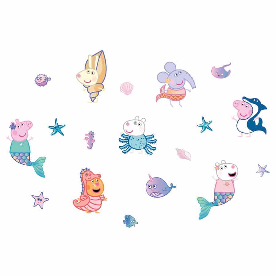 Peppa & Friends mermaid wall sticker pack on a white background
