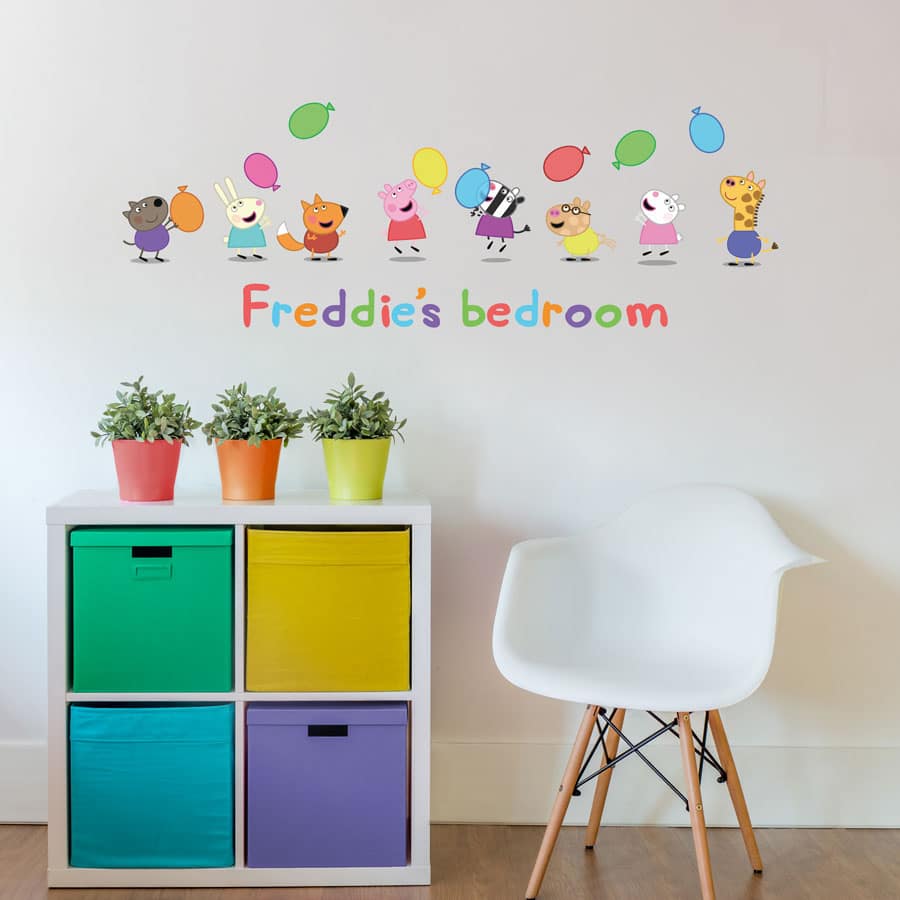 Personalised Peppa & Friends with Balloons wall sticker (Large size) features Peppa Pig and all her friends and is the perfect addition to a decorating a child's bedroom