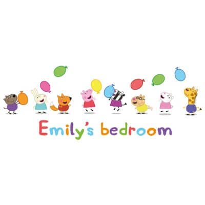 Personalised Peppa & Friends with Balloons wall sticker on a white background