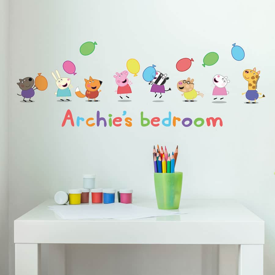 Personalised Peppa & Friends with Balloons wall sticker (Regular size) features Peppa Pig and all her friends and is the perfect addition to a decorating a child's bedroom