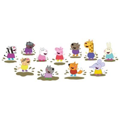 Peppa & Friends jumping in muddy puddles wall sticker on a white background