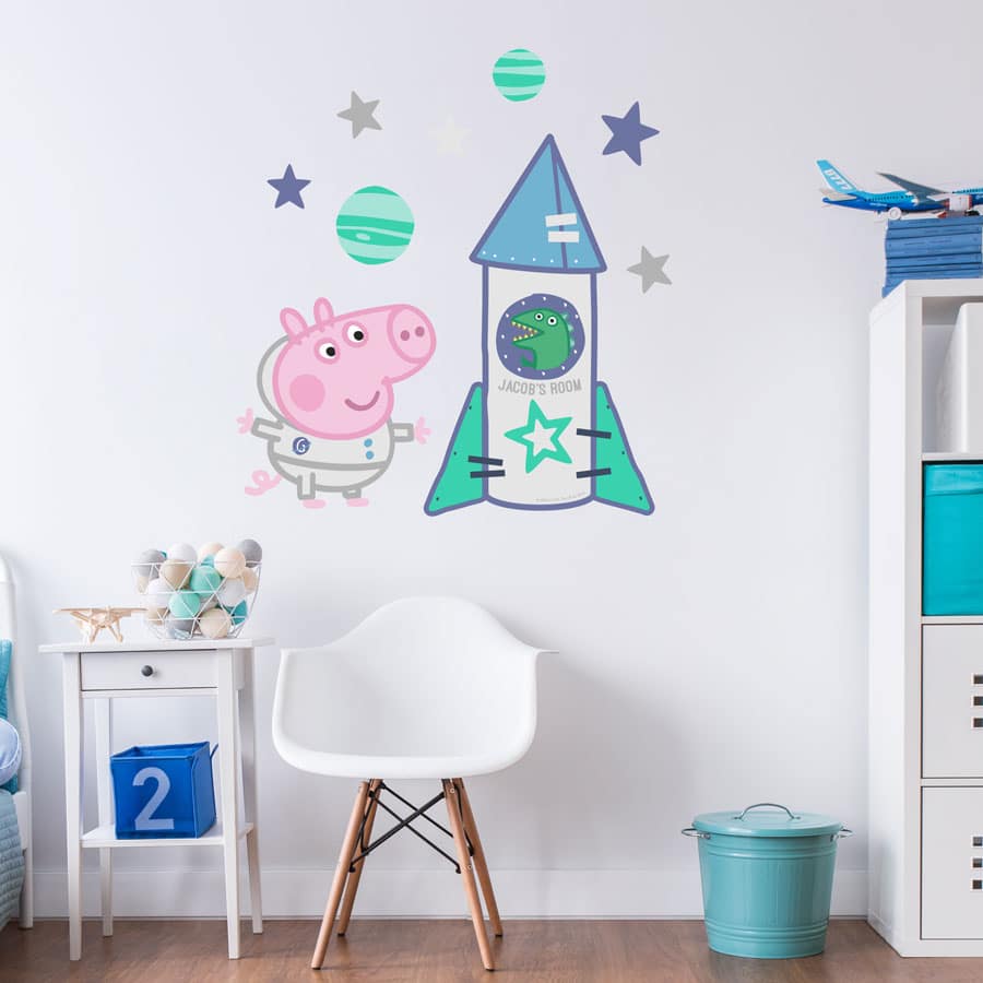 Personalised space rocket with George wall sticker (Large size) is perfect for decorating child's bedroom with a Peppa Pig and a space theme
