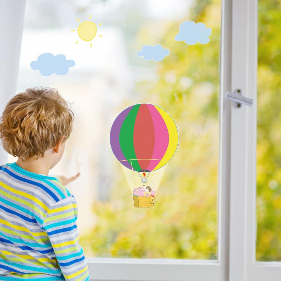 Peppa's hot air balloon window sticker pack perfect for decorating a child's bedroom with a Peppa Pig theme