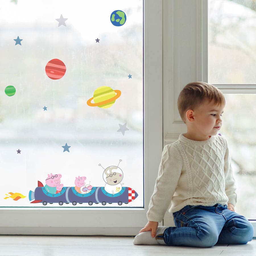 rocket train window sticker perfect for decorating your child's bedroom with a space Peppa Pig theme!