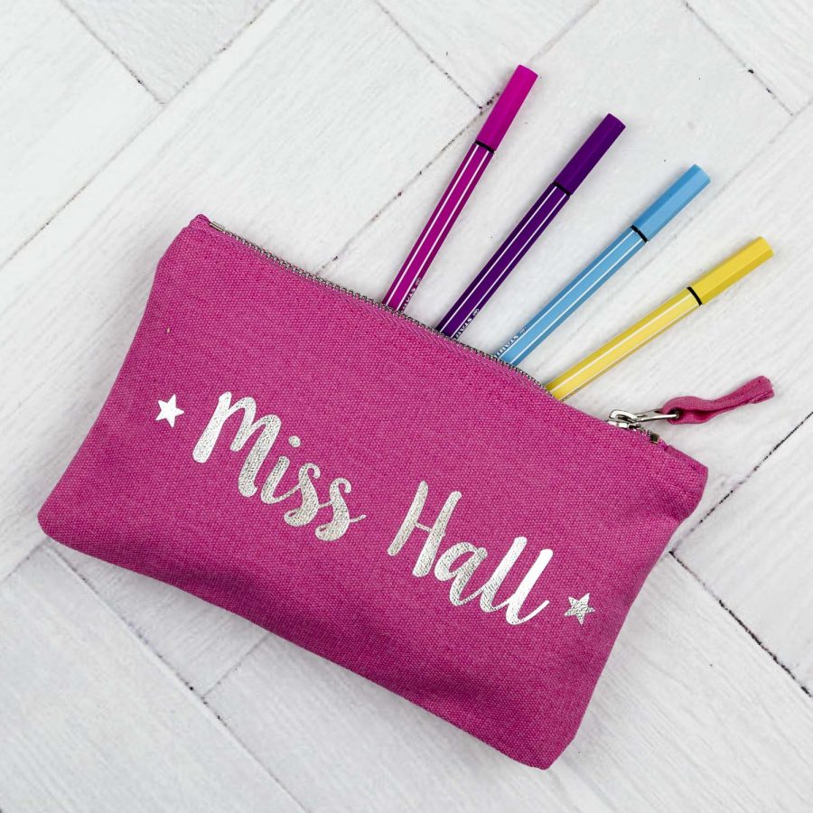 Personalised pencil case - Pink case with silver text