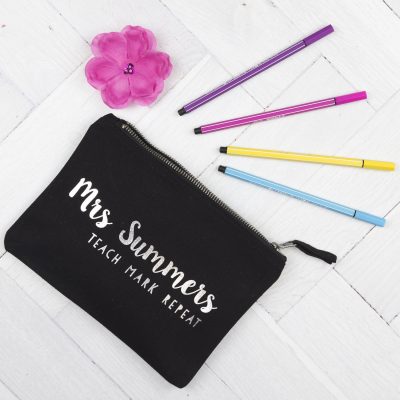 Personalised Pencil Case Teach Mark Repeat (Black case - Silver text)