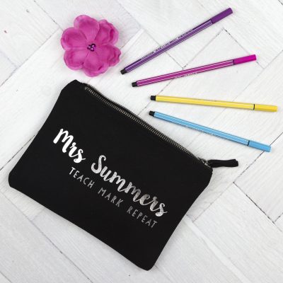Personalised Pencil Case Teach Mark Repeat (Navy case - Silver text)