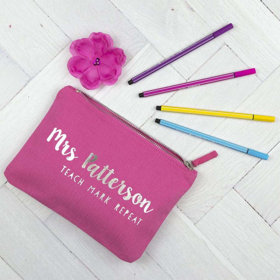 Personalised Pencil case - Teach Mark Repeat (Pink - Silver)