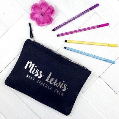 Personalised Best Teacher Ever pencil case (Navy case - Silver text)