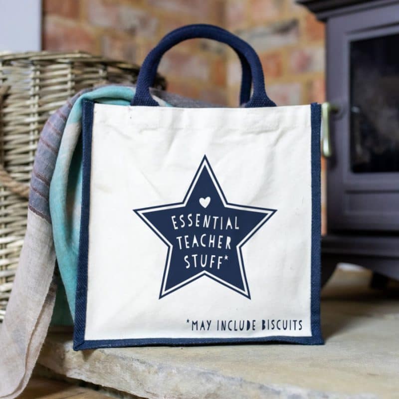 Essnetial Teacher Stuff canvas bag (Navy) features a pink canvas bag perfect as a gift for a teacher at the end of school term or just to say thank you