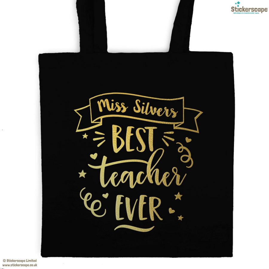 Personalised Best teacher tote bag (Black bag - Gold text) | Teacher gifts | Stickerscape | UK