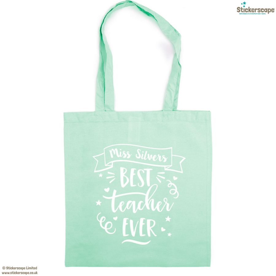 Personalised Best teacher tote bag (Mint bag - White text) | Teacher gifts | Stickerscape | UK
