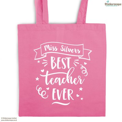Personalised Best teacher tote bag (Pink bag - White text) | Teacher gifts | Stickerscape | UK