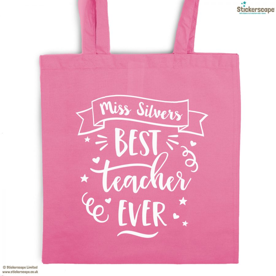 Personalised Best teacher tote bag (Pink bag - White text) | Teacher gifts | Stickerscape | UK