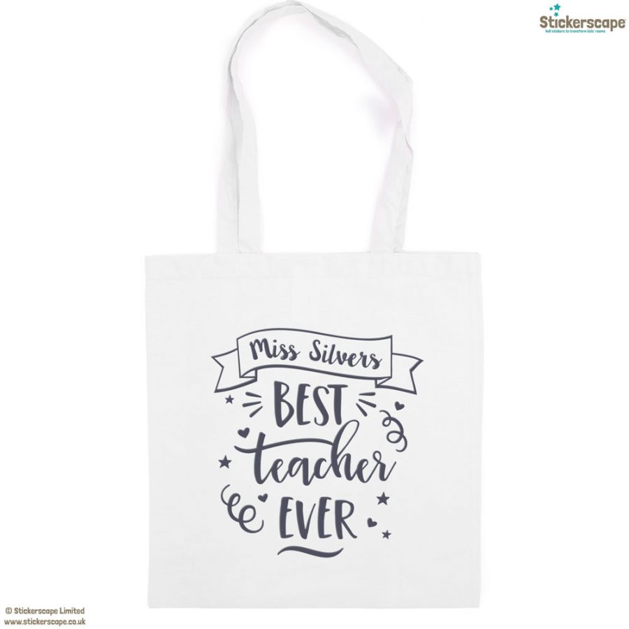 Personalised Best teacher tote bag (White bag - Anthracite text) | Teacher gifts | Stickerscape | UK