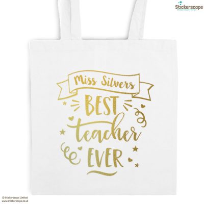 Personalised Best teacher tote bag (White bag - Gold text) | Teacher gifts | Stickerscape | UK