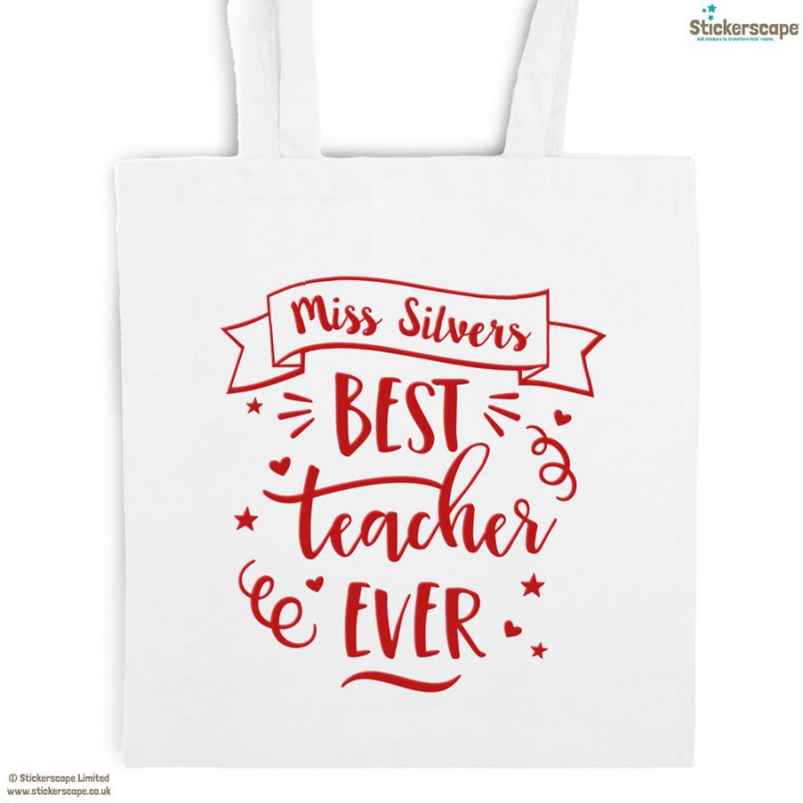 Personalised Best teacher tote bag (White bag - Red text) | Teacher gifts | Stickerscape | UK