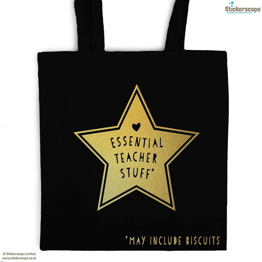 Essential teacher stuff tote bag (Black bag - Gold text) | Teacher gifts | Stickerscape | UK
