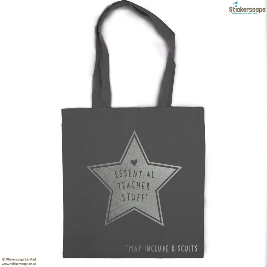 Essential teacher stuff tote bag (Dark grey bag - Silver text) | Teacher gifts | Stickerscape | UK