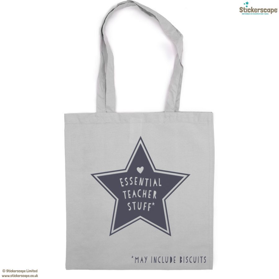 Essential teacher stuff tote bag (Light grey bag - Anthracite text) | Teacher gifts | Stickerscape | UK