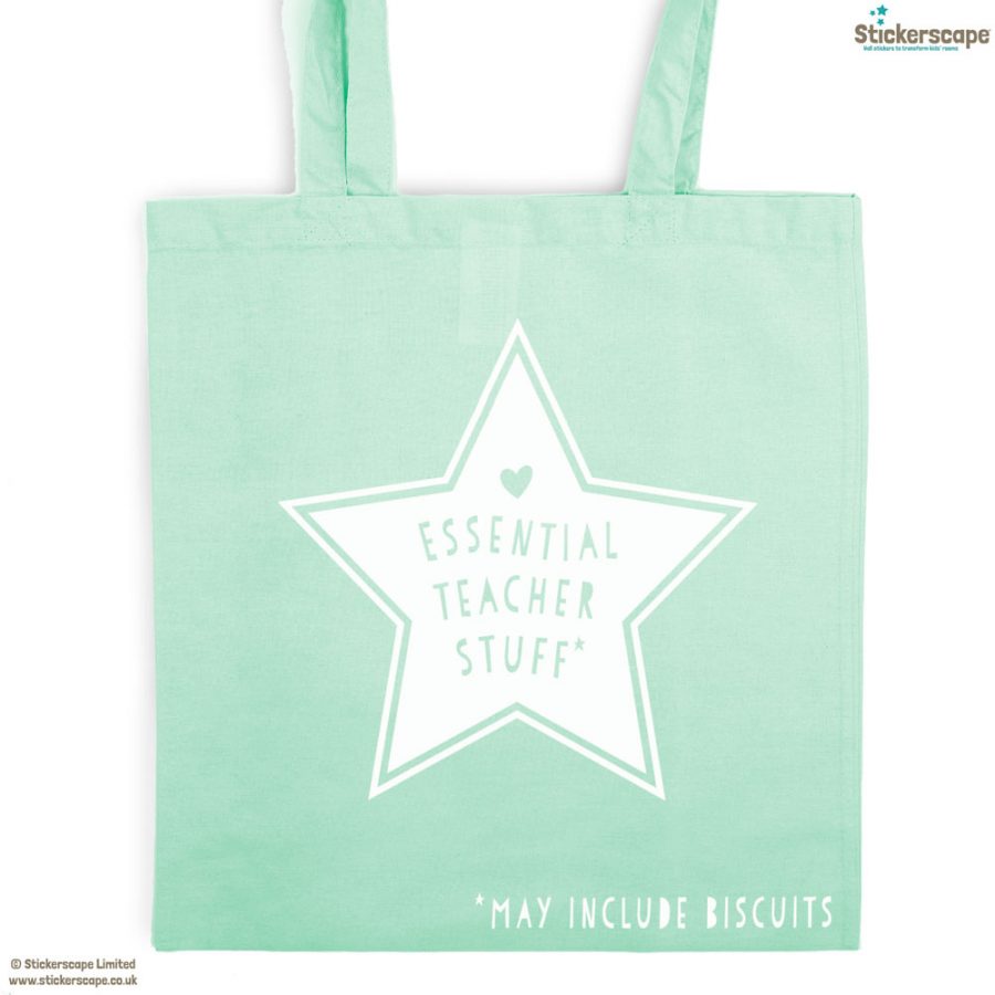 Essential teacher stuff tote bag (Mint bag - White text) | Teacher gifts | Stickerscape | UK