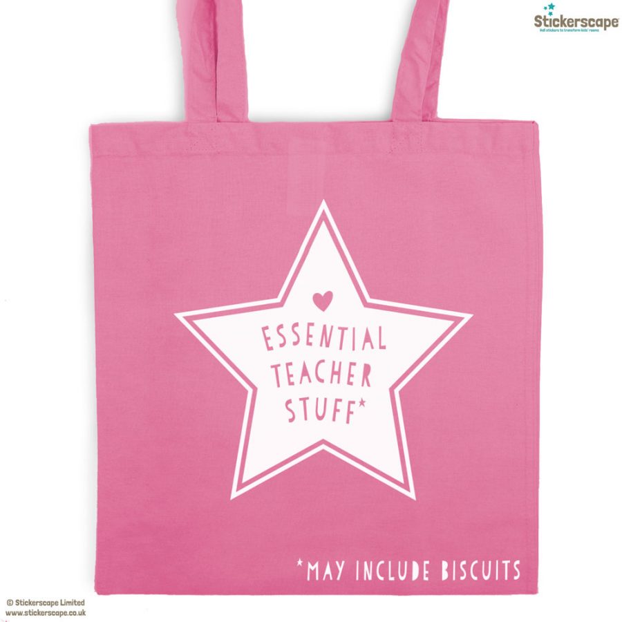 Essential teacher stuff tote bag (Pink bag - White text) | Teacher gifts | Stickerscape | UK