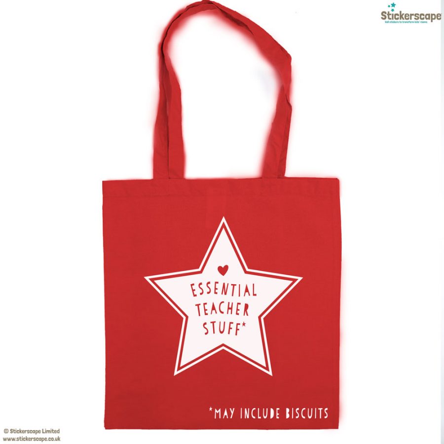 Essential teacher stuff tote bag (Red bag - White text) | Teacher gifts | Stickerscape | UK