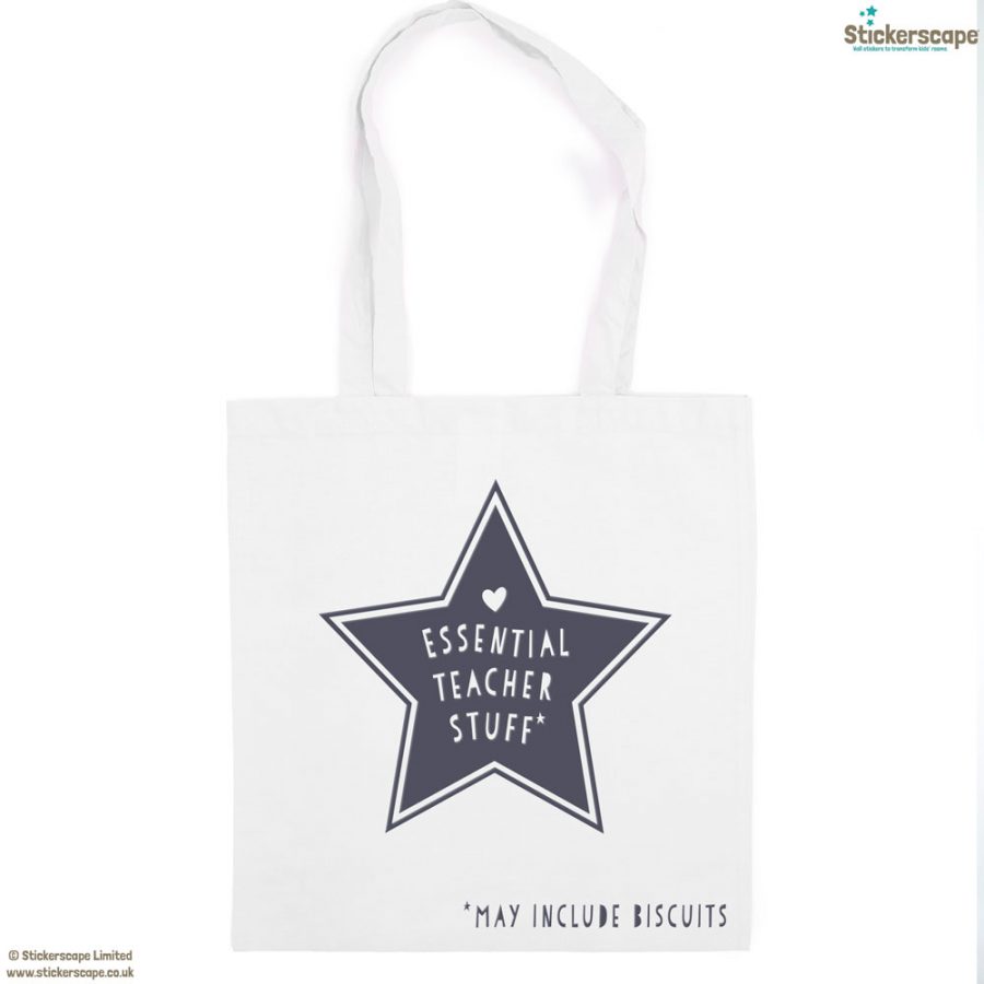Essential teacher stuff tote bag (White bag - Anthracite text) | Teacher gifts | Stickerscape | UK