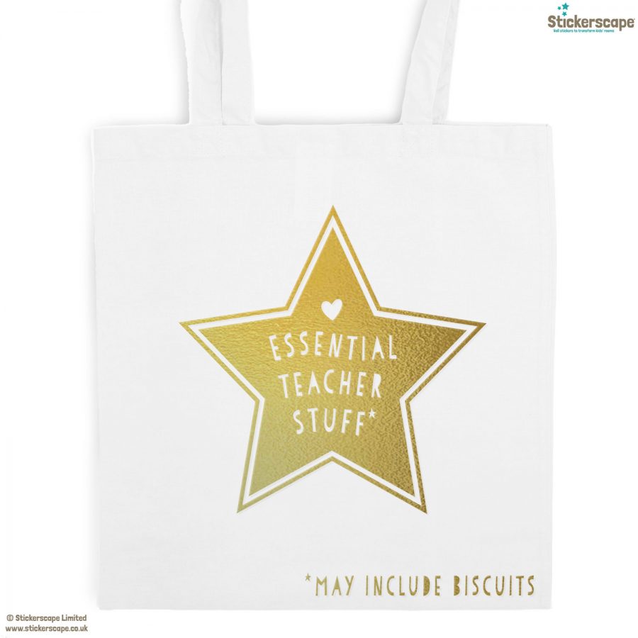 Essential teacher stuff tote bag (White bag - Gold text) | Teacher gifts | Stickerscape | UK
