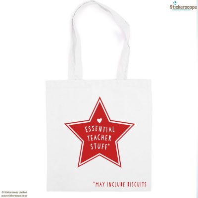 Essential teacher stuff tote bag (White bag - Red text) | Teacher gifts | Stickerscape | UK